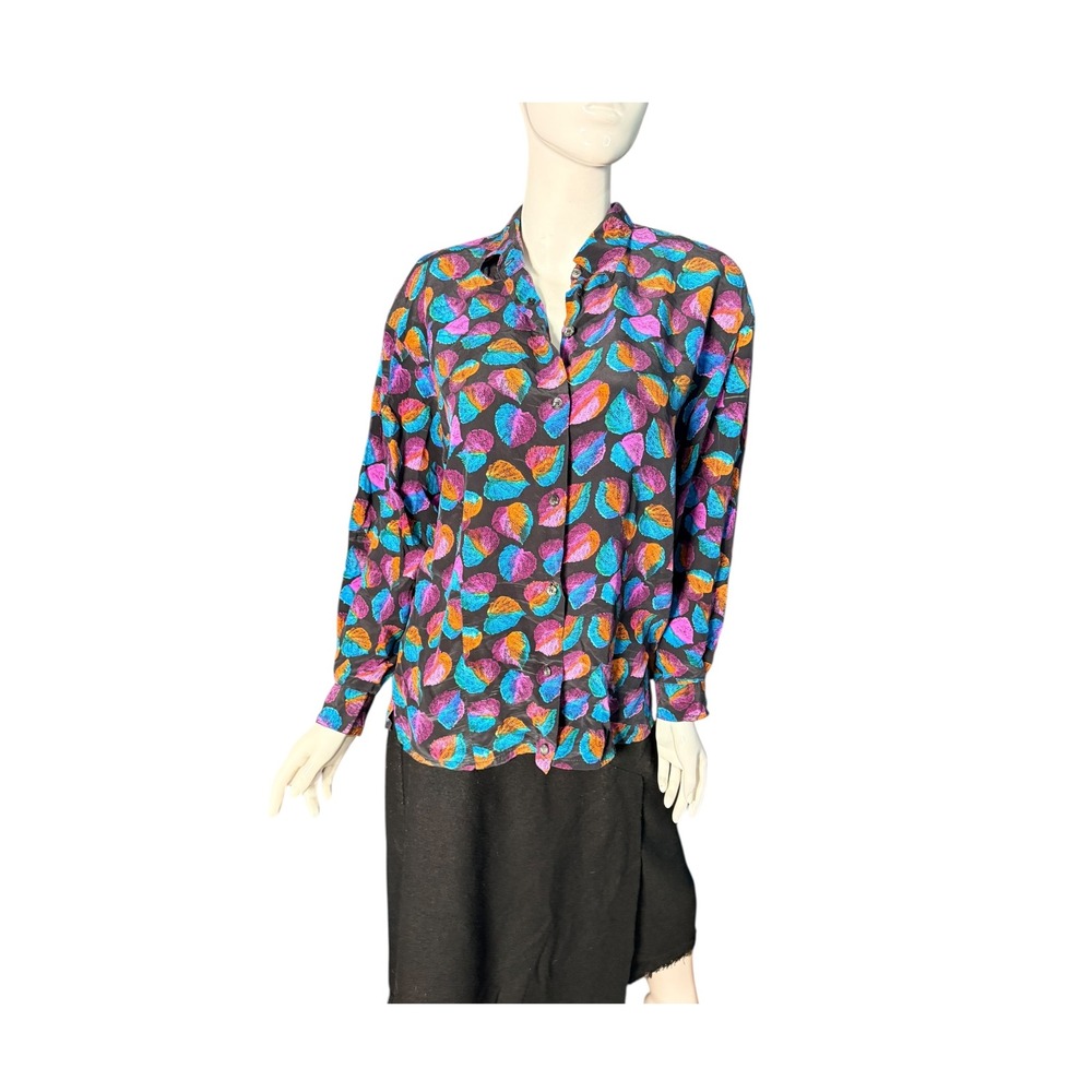 Vintage 80s TRISTAR 100% Silk blouse Leaf Print Button Up‎ Shirt Top L colorful